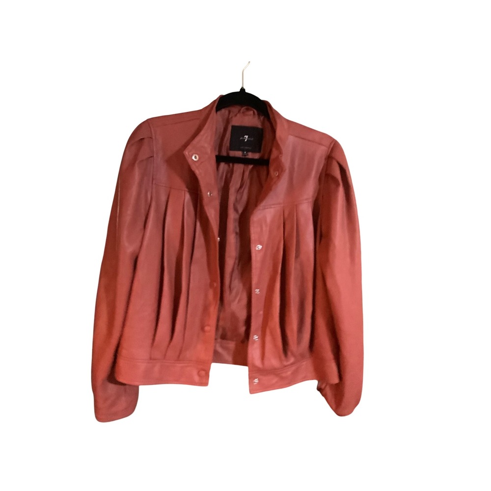 7 For All Mankind Women Terracotta Red Pleated Leather Snap Front Jacket Medium